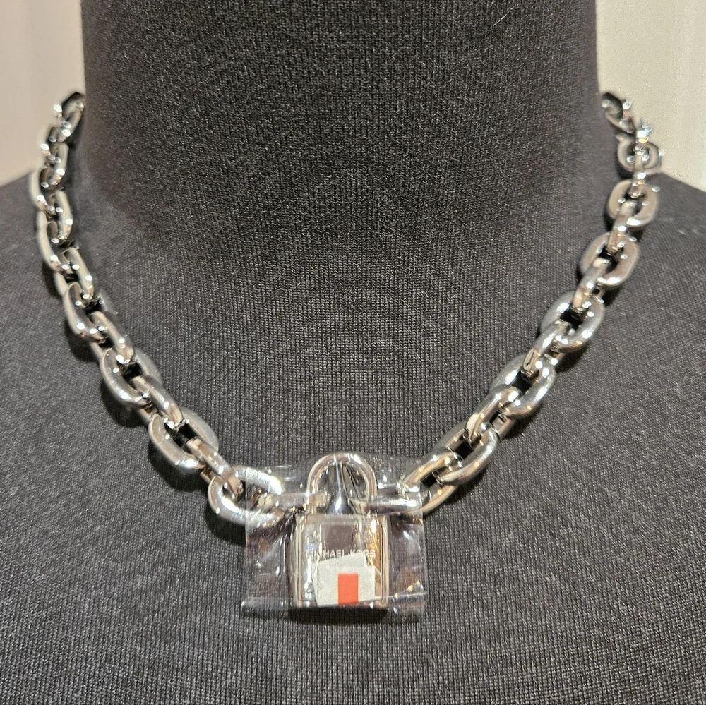 Michael Kors Square Chain Link Padlock Necklace Silver Plate Stainless Steel NWT - Picture 14 of 16